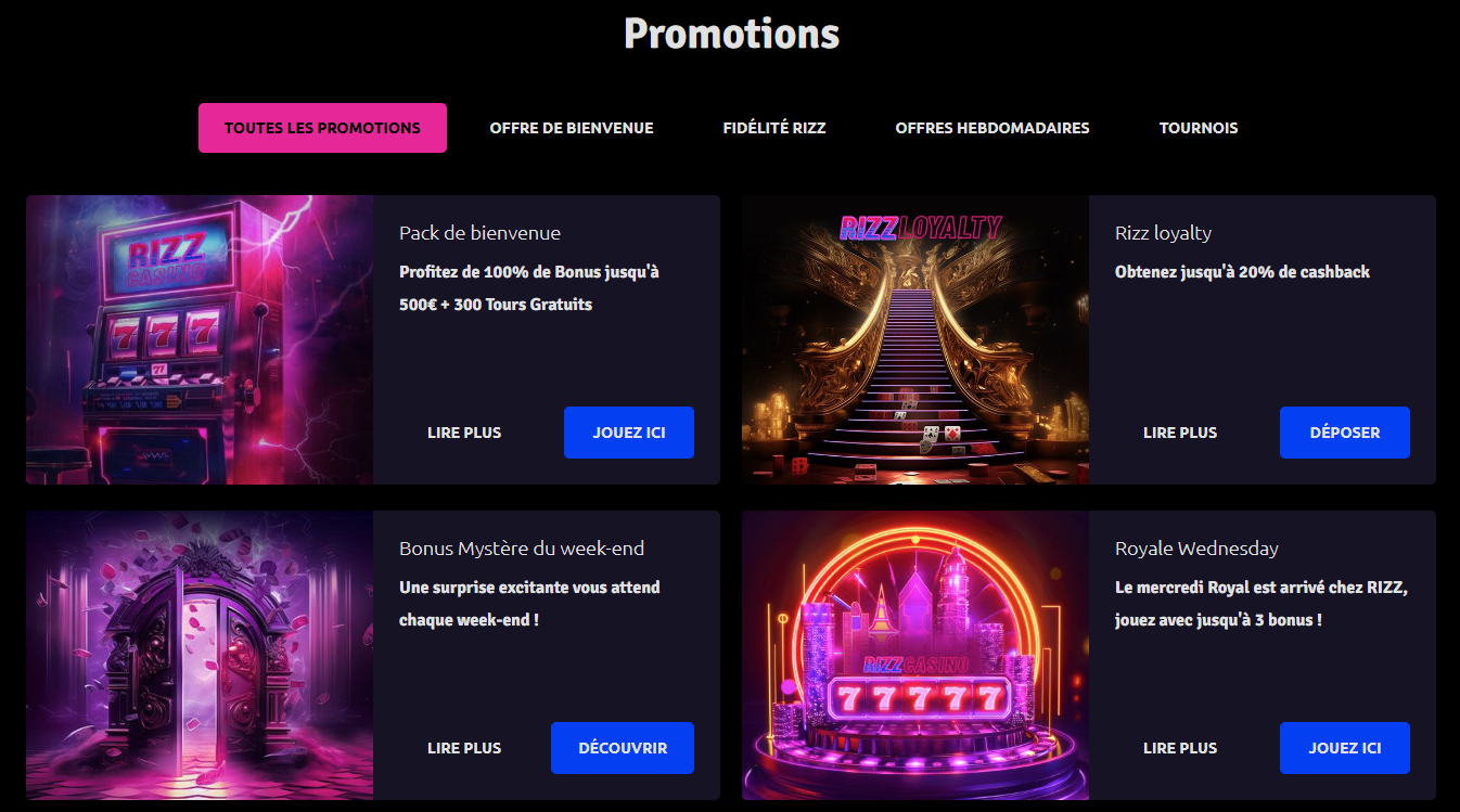 Bonus et Promotions Rizz Casino